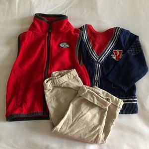 Baby boy vest, khakis, and varsity shirt